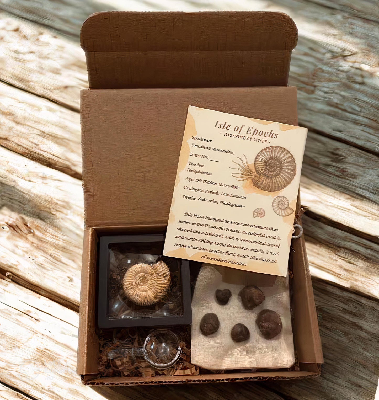Authentic Ammonite Fossil Expedition Kit: Includes Magnifying Glass & Discovery Note